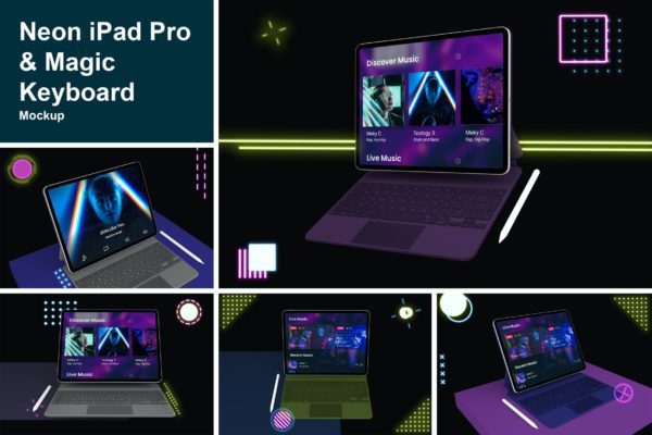 霓虹灯效果带Magic键盘iPad Pro屏幕演示样机模板 Neon iPad Pro & Magic Keyboard Mockup