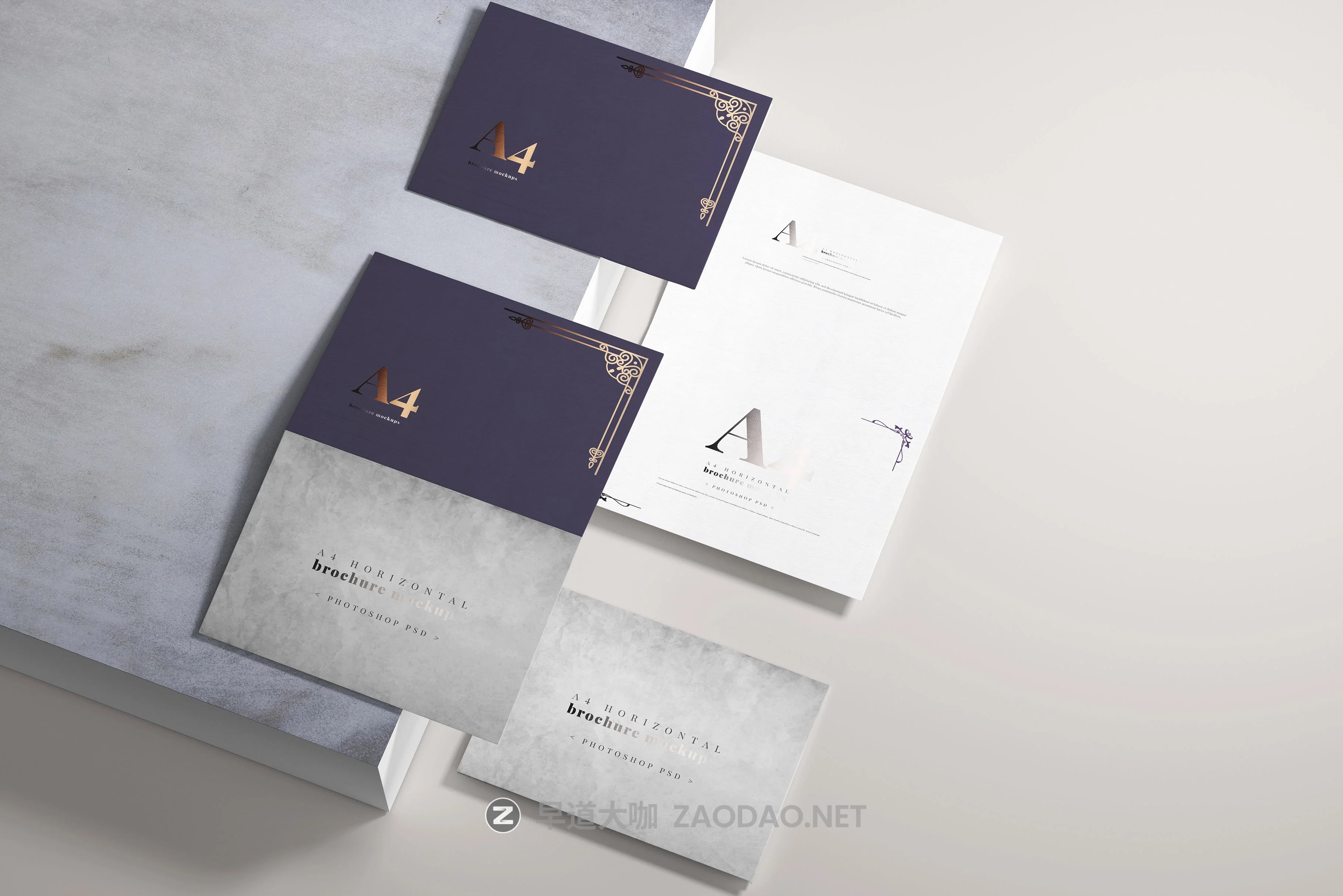 8款烫印效果A4横向两折页小册子设计展示贴图PSD样机模板 A4 Bi-Fold Horizontal Mockups插图1 8款烫印效果A4横向两折页小册子设计展示贴图PSD样机模板 A4 Bi-Fold Horizontal Mockups插图1