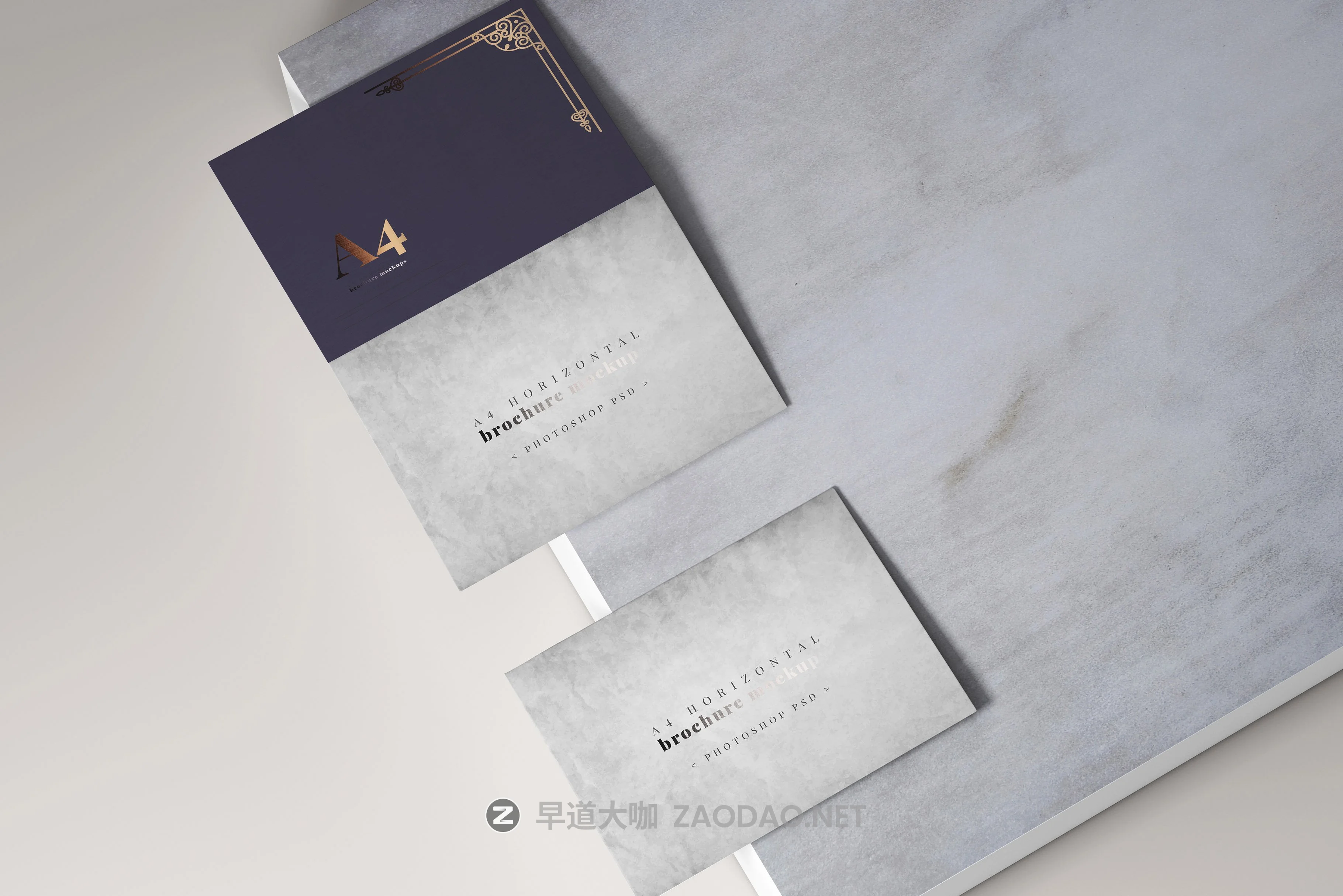 8款烫印效果A4横向两折页小册子设计展示贴图PSD样机模板 A4 Bi-Fold Horizontal Mockups插图2 8款烫印效果A4横向两折页小册子设计展示贴图PSD样机模板 A4 Bi-Fold Horizontal Mockups插图2
