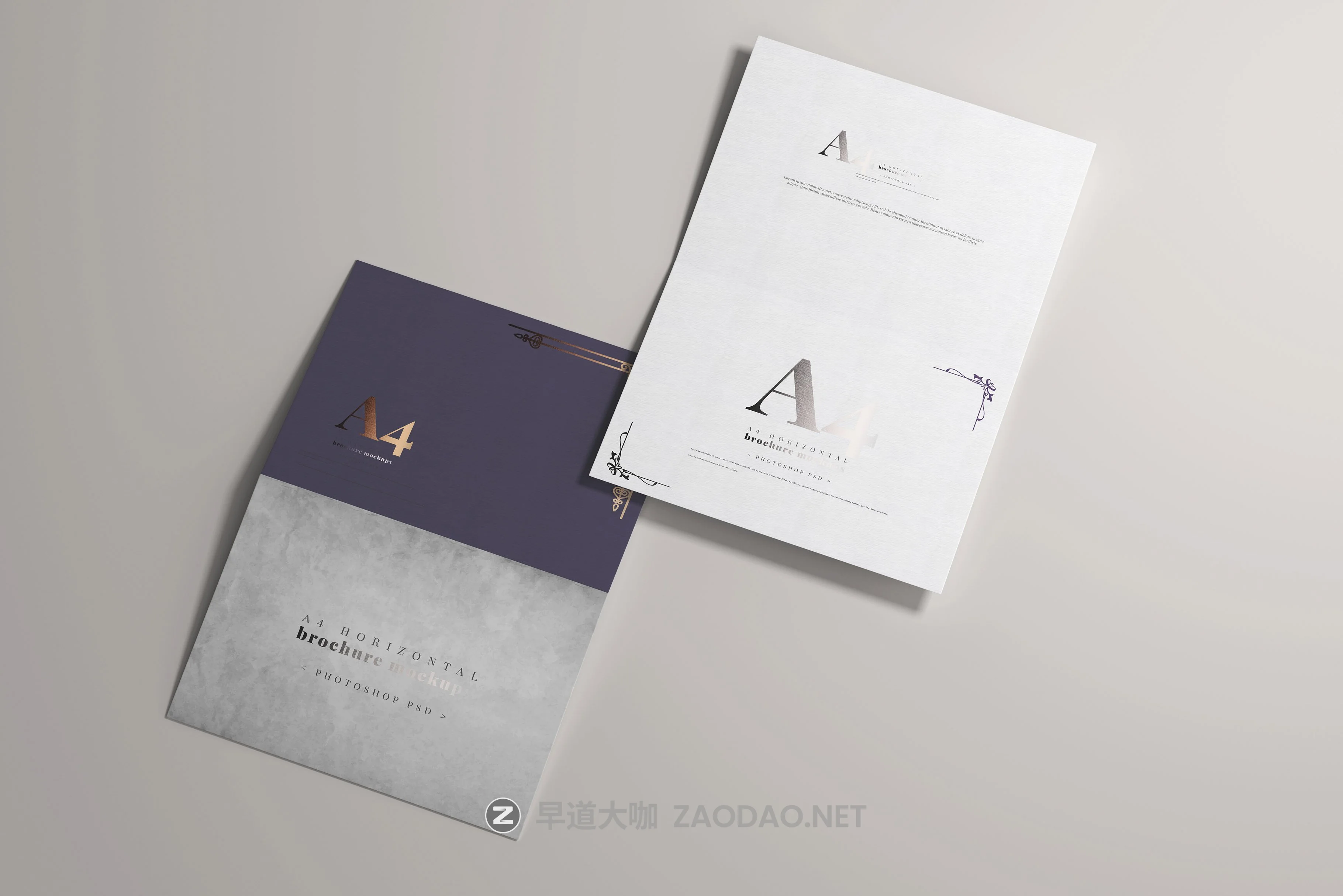 8款烫印效果A4横向两折页小册子设计展示贴图PSD样机模板 A4 Bi-Fold Horizontal Mockups插图3 8款烫印效果A4横向两折页小册子设计展示贴图PSD样机模板 A4 Bi-Fold Horizontal Mockups插图3
