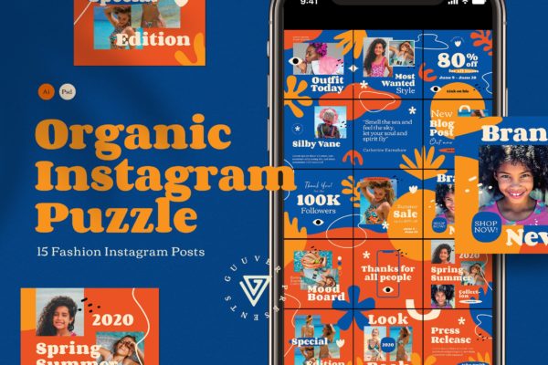 时尚服装推广新媒体电商海报设计模板 Organic 15 Instagram Puzzle