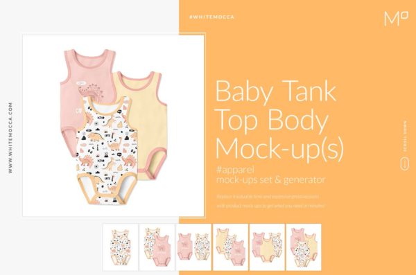 婴儿连体衣背心印花图案设计展示样机合集 Baby Tank Top Body Mockups Set