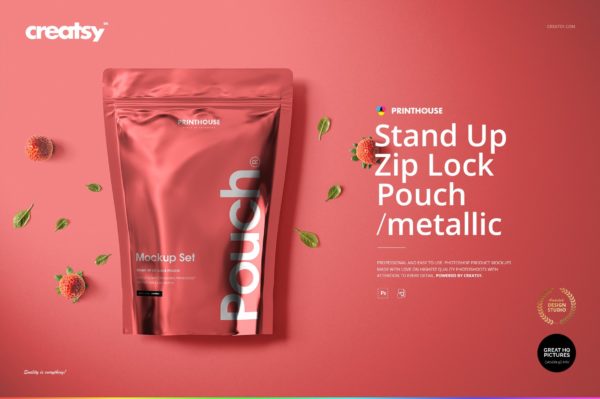 时尚立式拉链锁自封袋塑料袋铝箔袋设计展示样机合集 Stand Up Pouch (metallic) Mockup Set