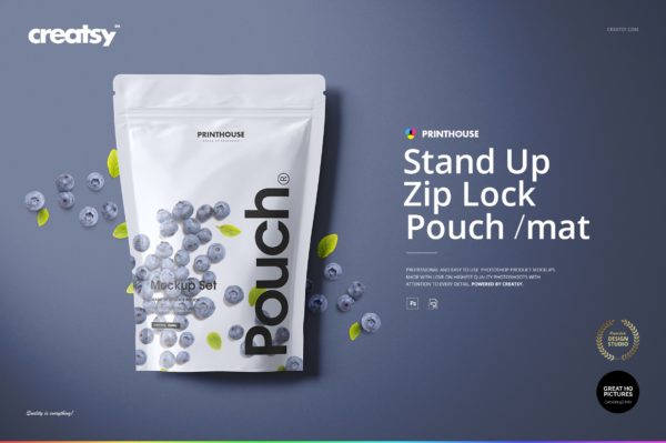 简约立式拉链锁食品自封袋塑料袋设计展示样机合集 Stand Up Pouch (mat) Mockup Set