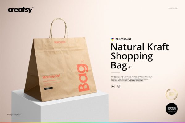 天然牛皮纸购物手提纸袋设计贴图样机模板 Natural Kraft Shopping Bag Mockup 1