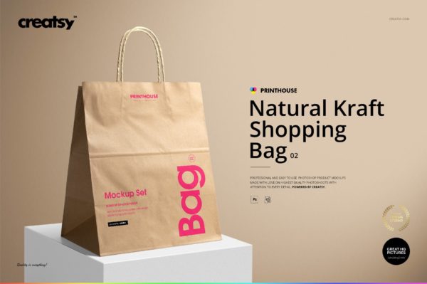 时尚牛皮纸购物手提纸袋设计贴图样机模板 Natural Kraft Shopping Bag Mockup 2