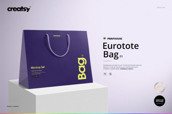 极简购物手提纸袋设计展示贴图样机PS设计素材 Eurotote Bag Mockup Set 1