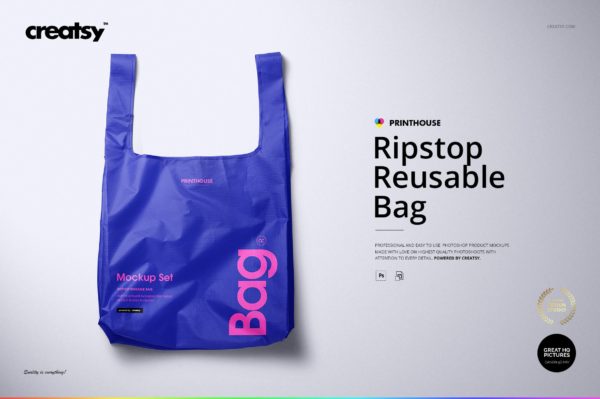 尼龙环保购物手提袋设计展示贴图样机PS素材合集 Ripstop Reusable Bag Mockup Set
