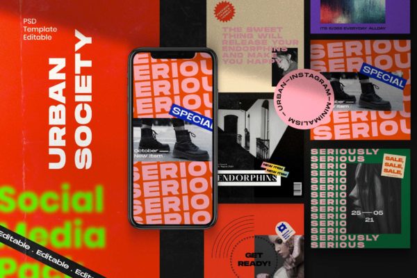 都市风街头潮牌推广新媒体电商海报设计PSD模板素材 Urban Society – Social Media Brand