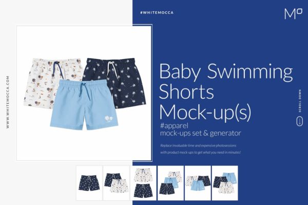 婴儿游泳短裤裤衩印花图案设计展示样机套装 Baby Swimming Shorts Mockups Set