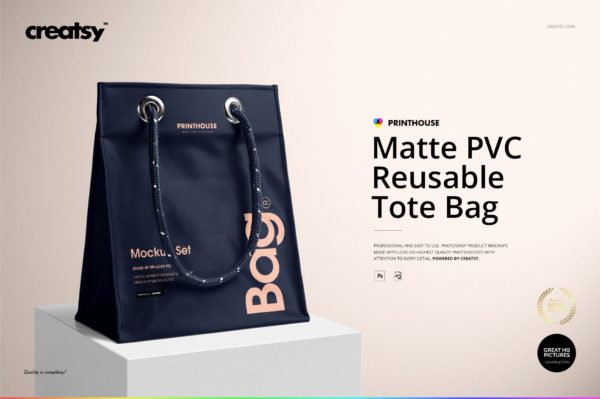 亚光PVC购物手提袋设计展示贴图样机模板 Matte PVC Reusable Tote Bag Mockups