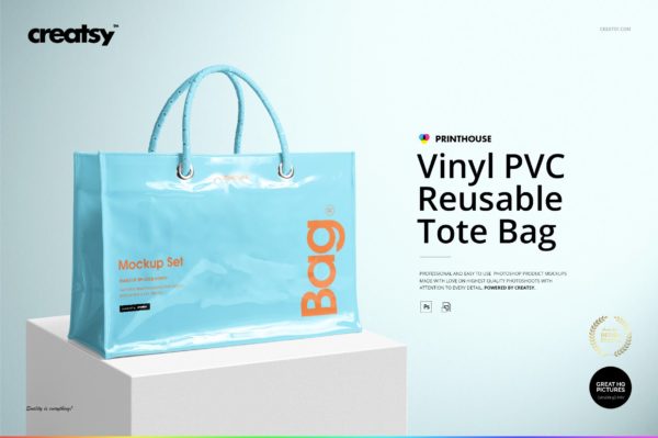 PVC环保购物手提袋设计展示贴图样机套装 Vinyl PVC Reusable Tote Bag Mockups