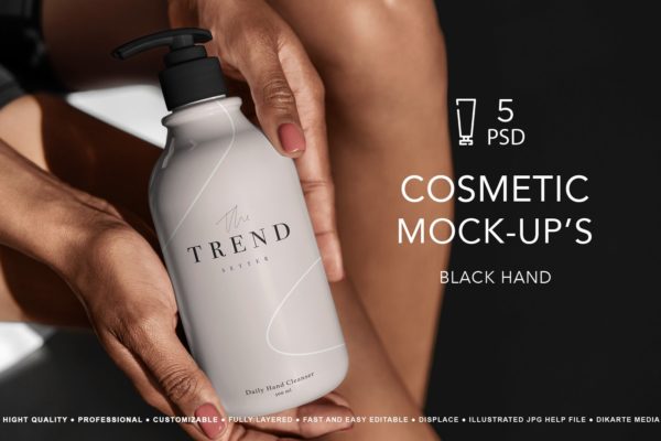 黑手手持化妆品挤压瓶软管包装手机贴图样机 Cosmetic Mockup Black Hand