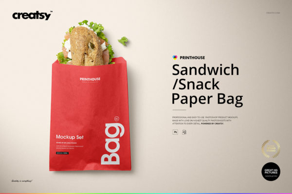 现代时尚三明治快餐包装纸袋设计展示贴图样机模板 Sandwich Snack Paper Bag Mockup Set