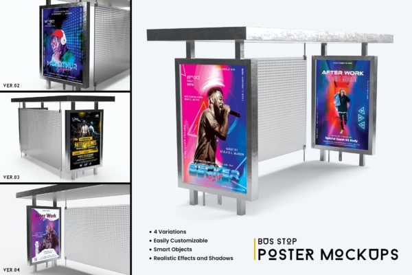 公交车巴士站海报灯箱广告牌设计展示样机 Bus Stop Poster Mockup