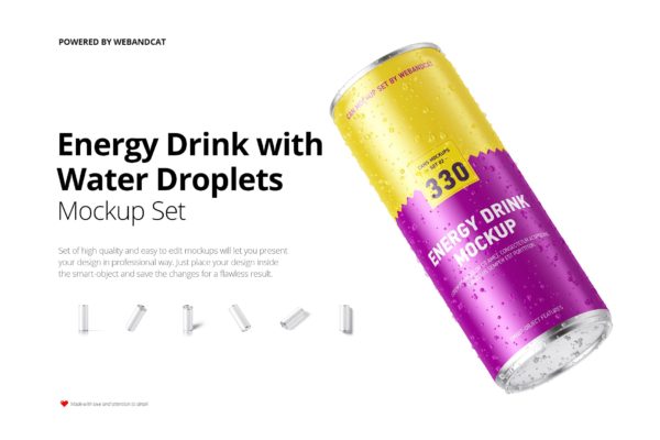 6款带水滴能量饮料易拉罐外观设计展示样机 Energy Drink Can Mockup With Water Droplets