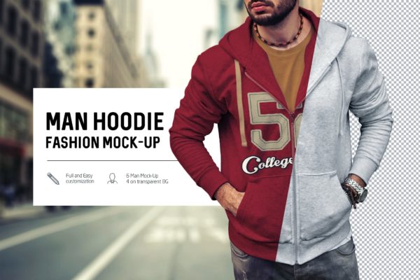 6款时尚男士连衣帽卫衣印花图案设计展示样机 Man Hoodie Fashion Mockup