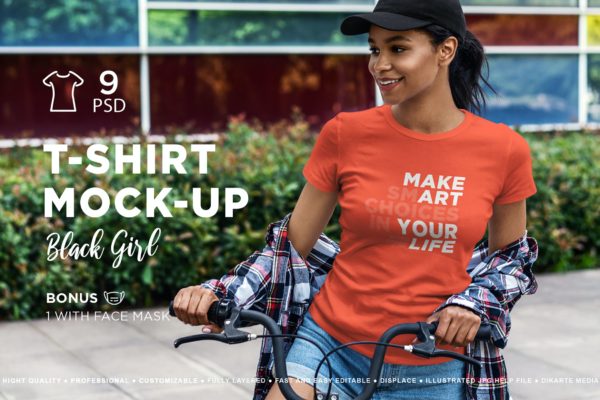 9款黑人女模特T恤半袖衫印花图案设计展示样机 T-Shirt Mockp Black Girl