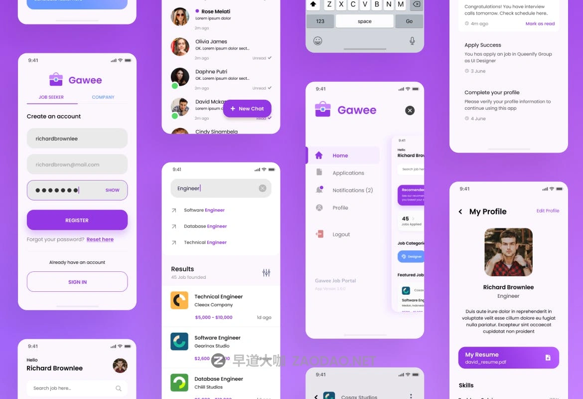 现代时尚求职应聘招牌家政iOS APP应用程序设计UI套件素材 Gawee – Job Portal iOS App Design UI Template插图1 现代时尚求职应聘招牌家政iOS APP应用程序设计UI套件素材 Gawee – Job Portal iOS App Design UI Template插图1