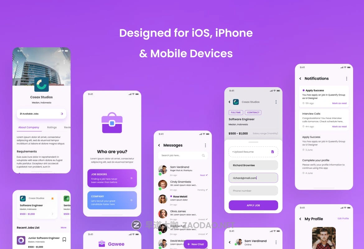 现代时尚求职应聘招牌家政iOS APP应用程序设计UI套件素材 Gawee – Job Portal iOS App Design UI Template插图3 现代时尚求职应聘招牌家政iOS APP应用程序设计UI套件素材 Gawee – Job Portal iOS App Design UI Template插图3