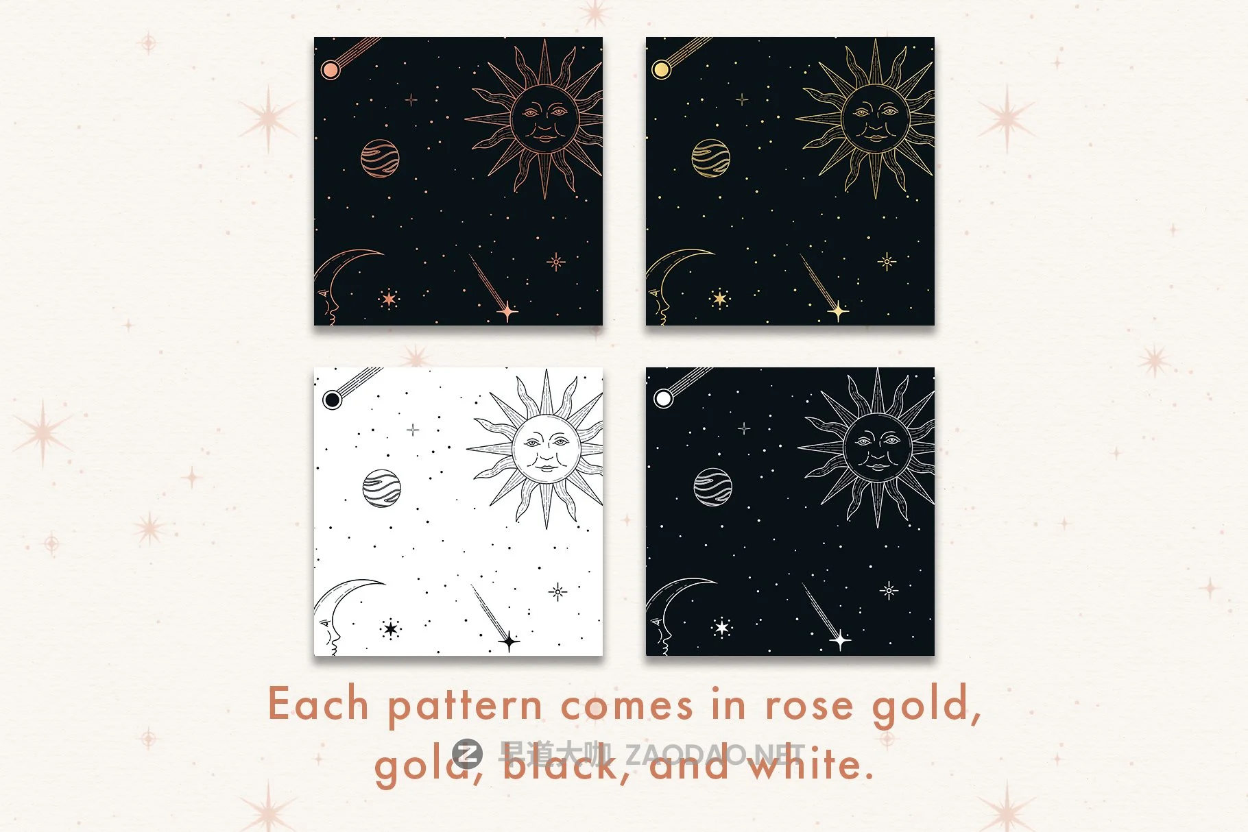 玫瑰金金属黑白星空太阳星星矢量图形AI设计素材 Celestial Seamless Patterns插图2 玫瑰金金属黑白星空太阳星星矢量图形AI设计素材 Celestial Seamless Patterns插图2