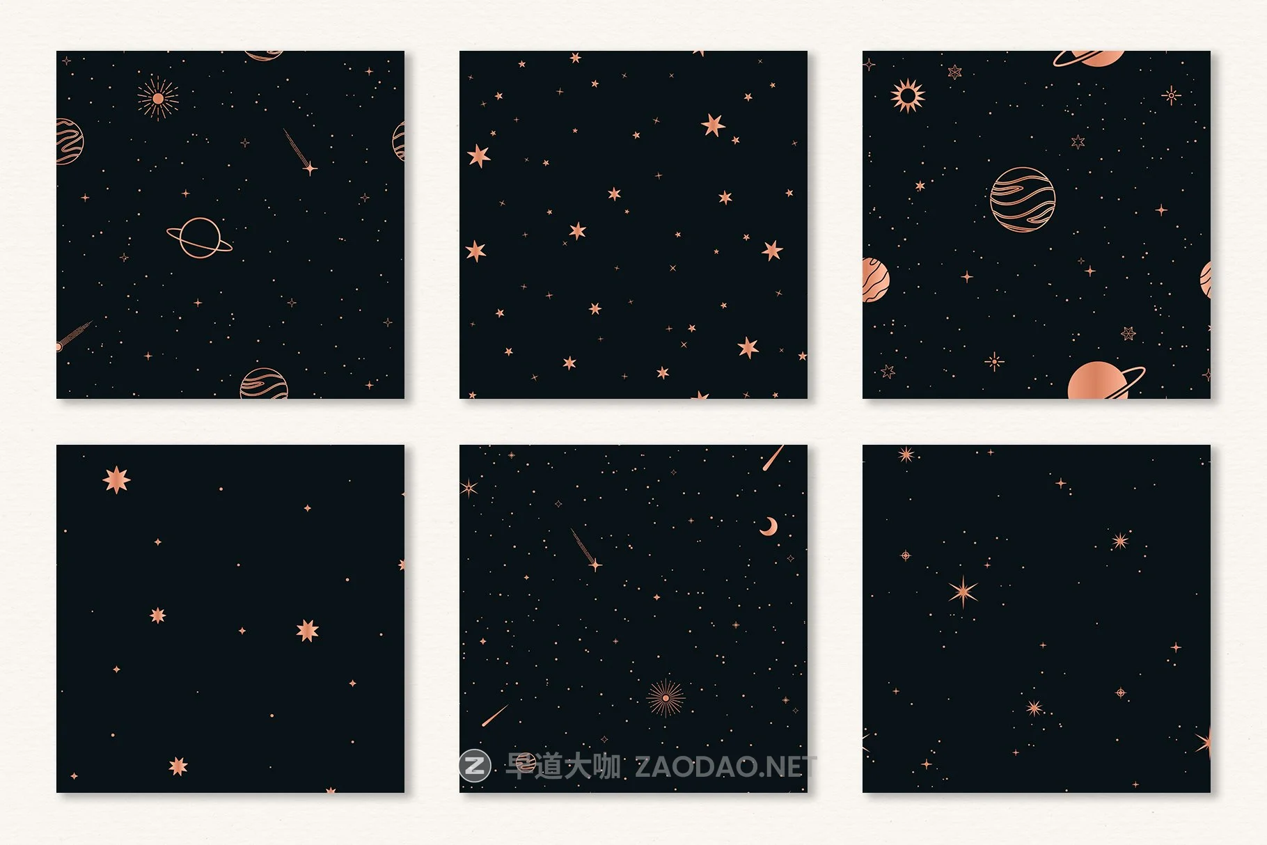 玫瑰金金属黑白星空太阳星星矢量图形AI设计素材 Celestial Seamless Patterns插图7 玫瑰金金属黑白星空太阳星星矢量图形AI设计素材 Celestial Seamless Patterns插图7