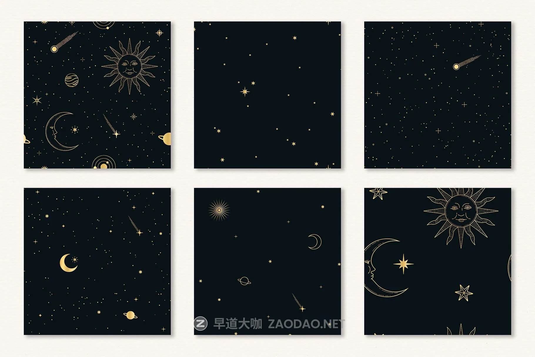 玫瑰金金属黑白星空太阳星星矢量图形AI设计素材 Celestial Seamless Patterns插图8 玫瑰金金属黑白星空太阳星星矢量图形AI设计素材 Celestial Seamless Patterns插图8