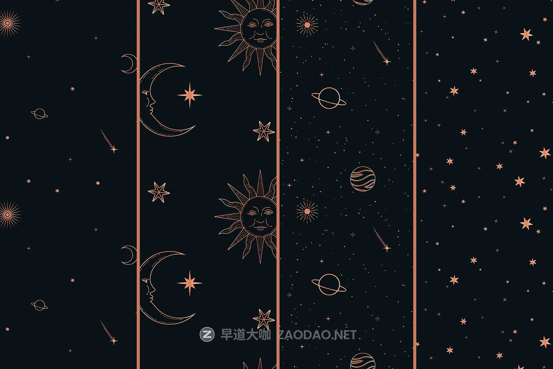 玫瑰金金属黑白星空太阳星星矢量图形AI设计素材 Celestial Seamless Patterns插图12 玫瑰金金属黑白星空太阳星星矢量图形AI设计素材 Celestial Seamless Patterns插图12