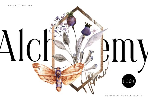 110多种神秘炼金术花卉手绘水彩画PNG图片设计素材集 Boho Floral Watercolor Set Alchemy