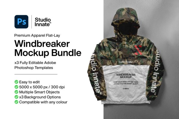 棉服风衣羽绒服外套设计展示贴图样机合集 Windbreaker Jacket – Mockup Bundle