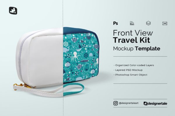 皮革旅行单肩背包设计展示样机套件 Front View Travel Kit Mockup