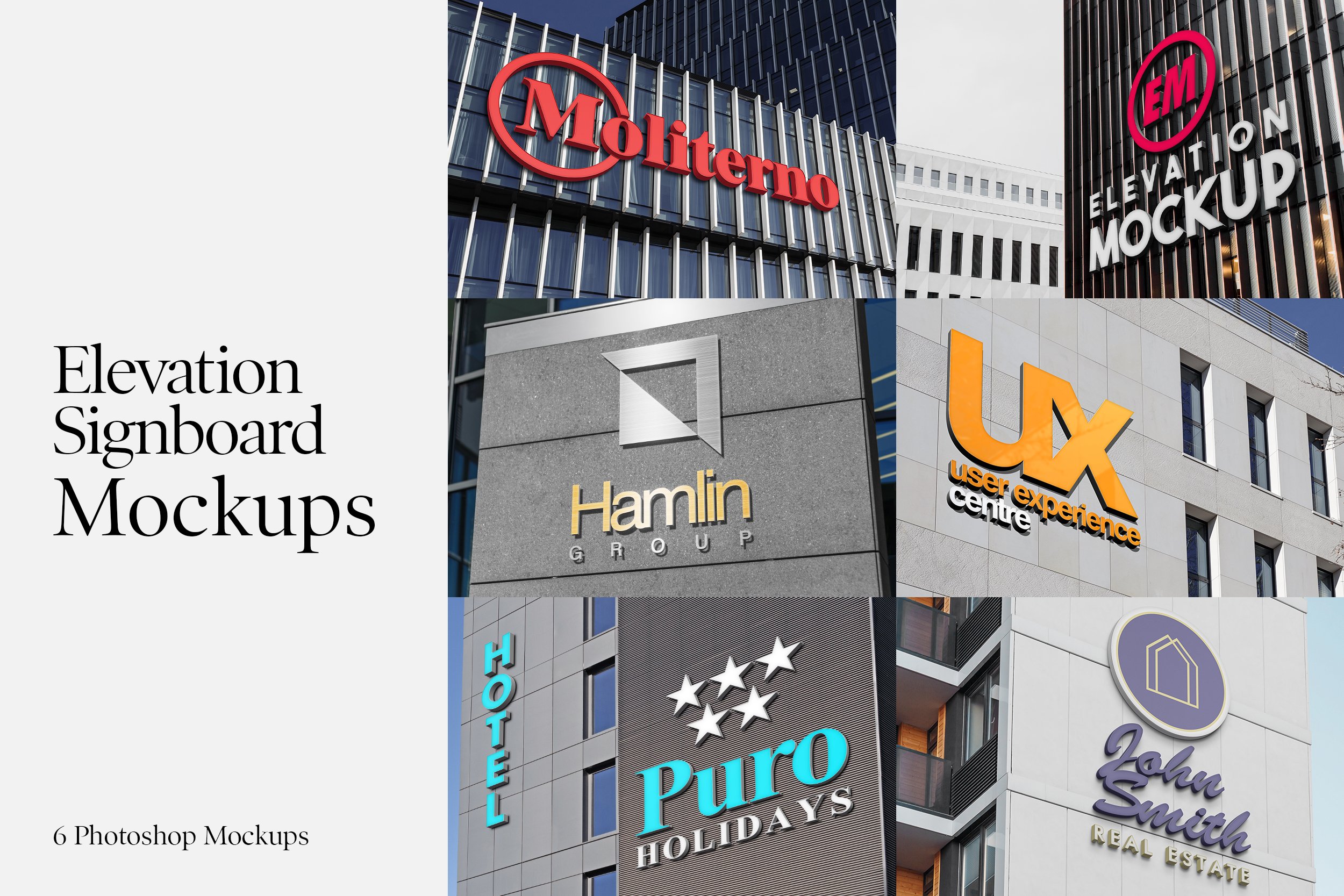 6款品牌标志徽标设计展示贴图样机模板 elevation signboard mockups