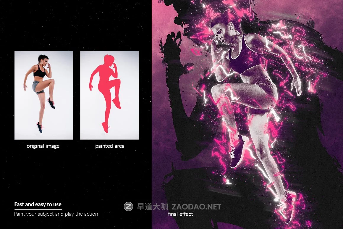 霓虹灯粉尘效果照片后期处理特效PS动作模板 Neon Dust Photoshop Action插图1 霓虹灯粉尘效果照片后期处理特效PS动作模板 Neon Dust Photoshop Action插图1