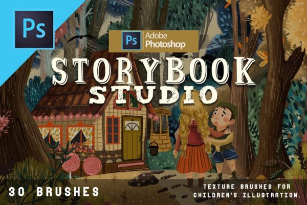 30款童话故事书粗糙颗粒绘画画笔PS笔刷素材 Storybook Studio For Photoshop Brushes