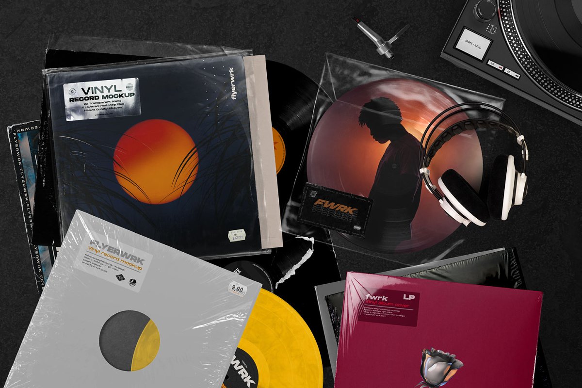 潮流复古黑胶唱片设计展示智能贴图PSD样机模板 Retro Vinyl Record Mockup插图