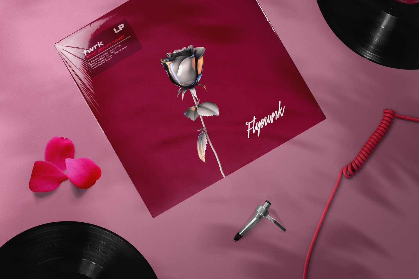 潮流复古黑胶唱片设计展示智能贴图PSD样机模板 Retro Vinyl Record Mockup插图9