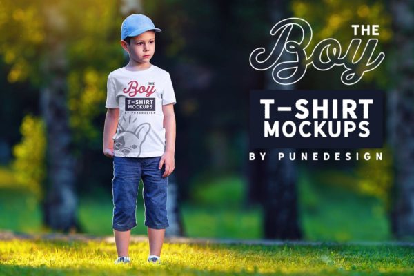 5款男孩半袖T恤印花设计展示贴图样机合集 Boy T-Shirt Mockup Set 2