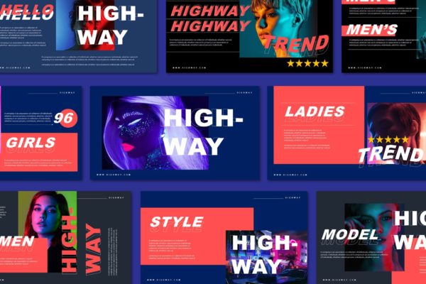 潮流虹彩霓虹效果潮牌营销策划作品集设计PPT幻灯片模板 HIGHWAY – Powerpoint Template