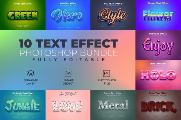 10款多彩卡通3D立体标题文字设计PS设计素材 Photoshop Text Effect Bundle 10 in 1