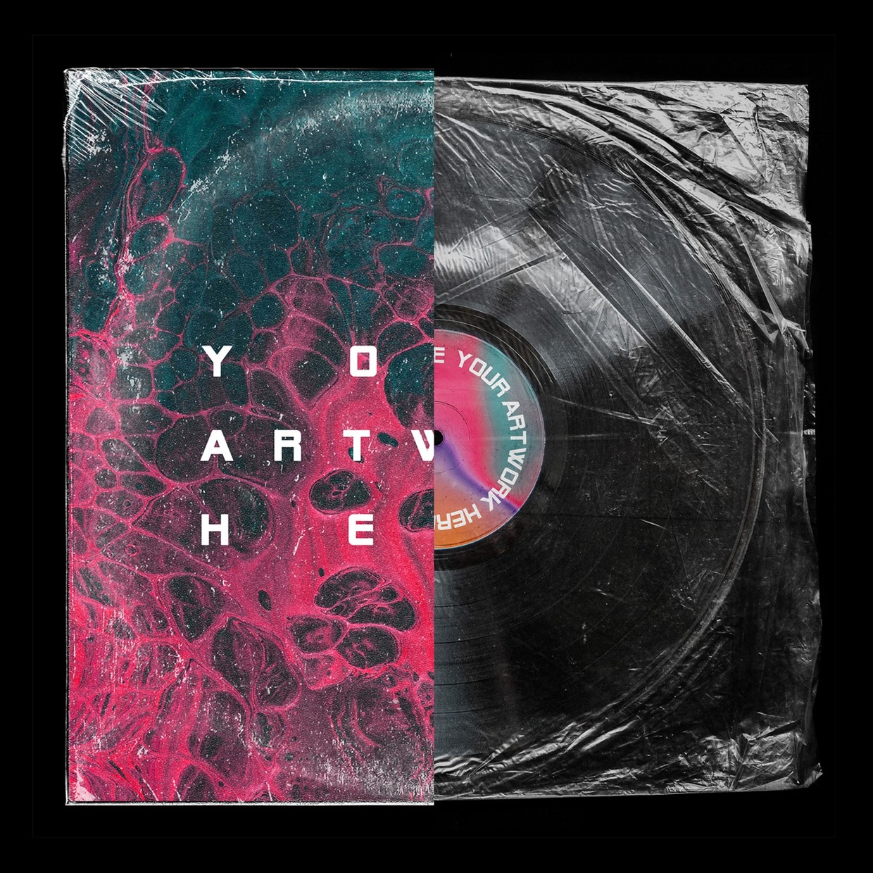 潮流褶皱黑胶唱片塑料袋包装封面设计展示贴图样机 Customizable Vinyl Record Mockup插图 潮流褶皱黑胶唱片塑料袋包装封面设计展示贴图样机 Customizable Vinyl Record Mockup插图