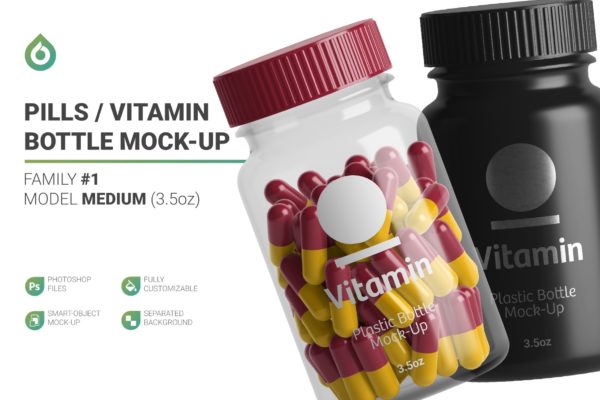 高分辨率药物胶囊维生素塑料包装瓶设计展示样机 Vitamins Bottle Mockup