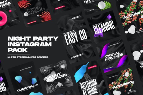 28款抽象图形修饰品牌推广新媒体电商海报设计模板 Night Party Instagram Pack