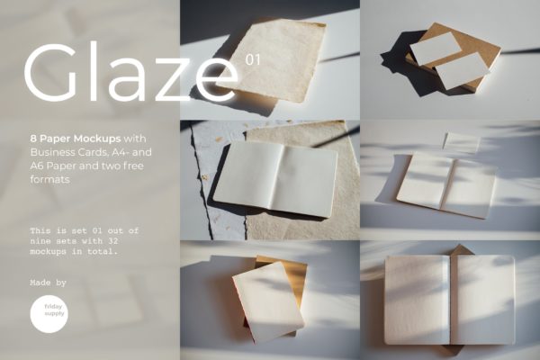 8款羊皮釉面纸名片书籍样机套装 Glaze Paper Mockups Set 01