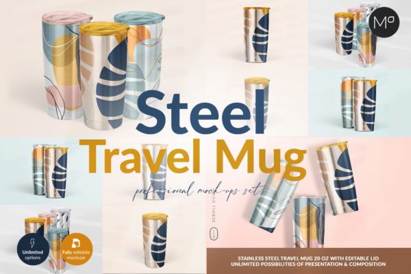 多角度旅行不锈钢水壶外观设计展示样机合集 Travel Mug Professional Mockups Set