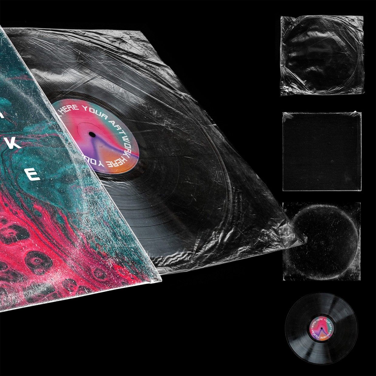 潮流褶皱黑胶唱片塑料袋包装封面设计展示贴图样机 Customizable Vinyl Record Mockup插图3 潮流褶皱黑胶唱片塑料袋包装封面设计展示贴图样机 Customizable Vinyl Record Mockup插图3
