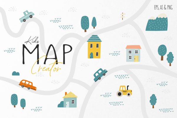 卡通儿童地图创作者服装印花图案设计矢量素材套装 Kids Map Creator Set