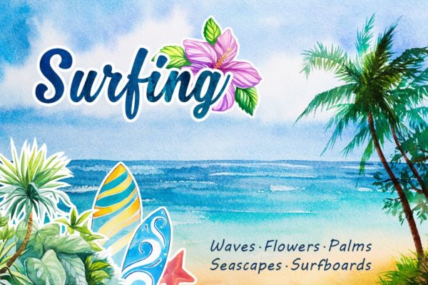 夏季海滩冲浪花卉树叶手绘水彩画合集 Surfing Watercolor Set