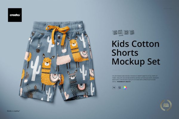 时尚儿童棉短裤印花图案设计展示贴图样机合集 Kids Cotton Shorts Mockup Set