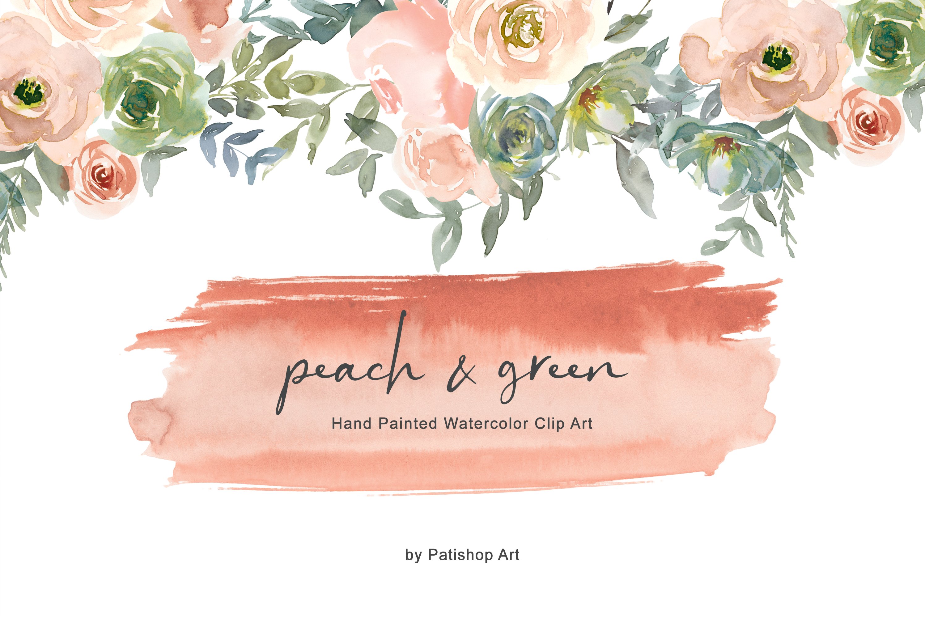 绿色桃红色水彩花卉剪贴画图片设计素材peach Green Watercolor Floral Clipart 早道大咖