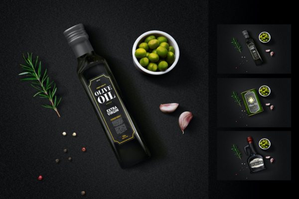 简约橄榄油玻璃瓶金属罐包装标签设计贴图样机 Olive Oil Minimalist Package Mockup
